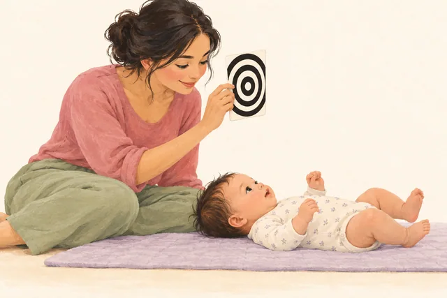 Sırtüstü yatan bebeğine siyah-beyaz kart gösteren ebeveyn