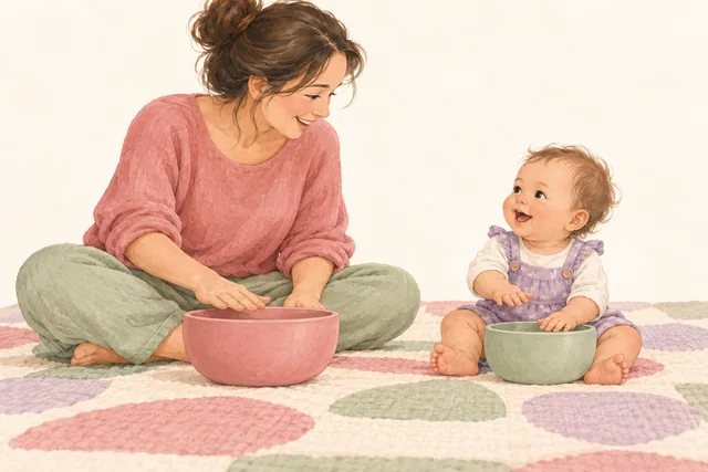 Büyük oyun kaplarına hafifçe vuran bebek ve ebeveyn