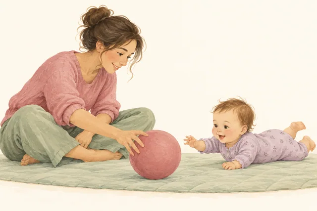 Yerdeki yumuşak topa uzanan bebek ve ebeveyn