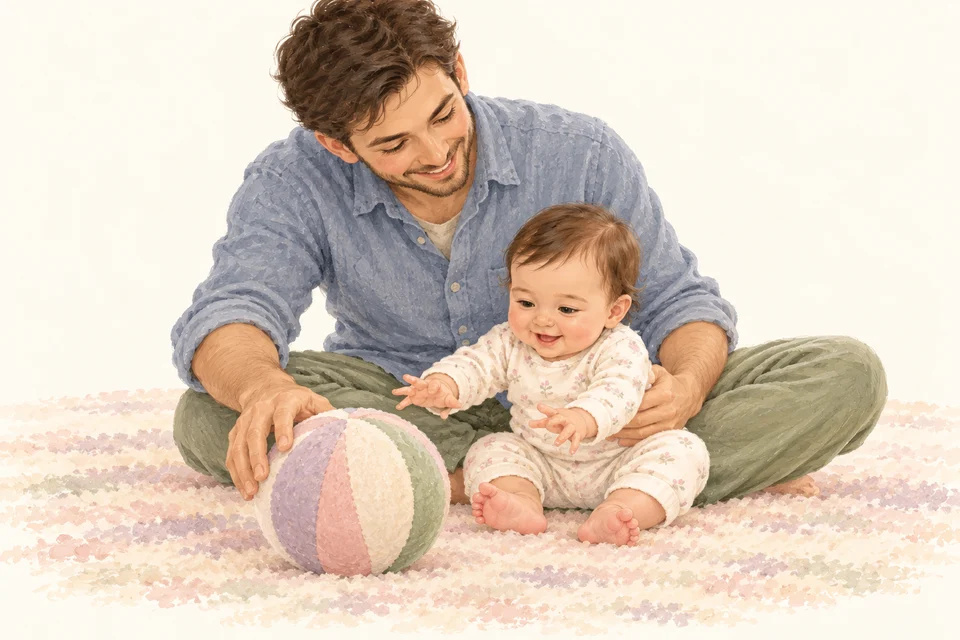 Yerdeki yumuşak topa uzanan bebek ve babası