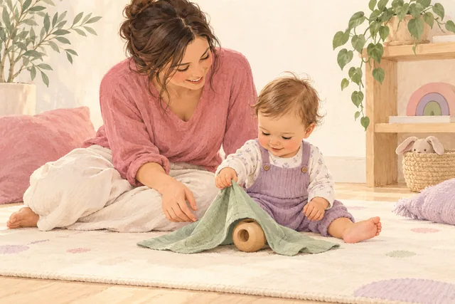 Bezle kısmen örtülmüş oyuncağını bulan bebek