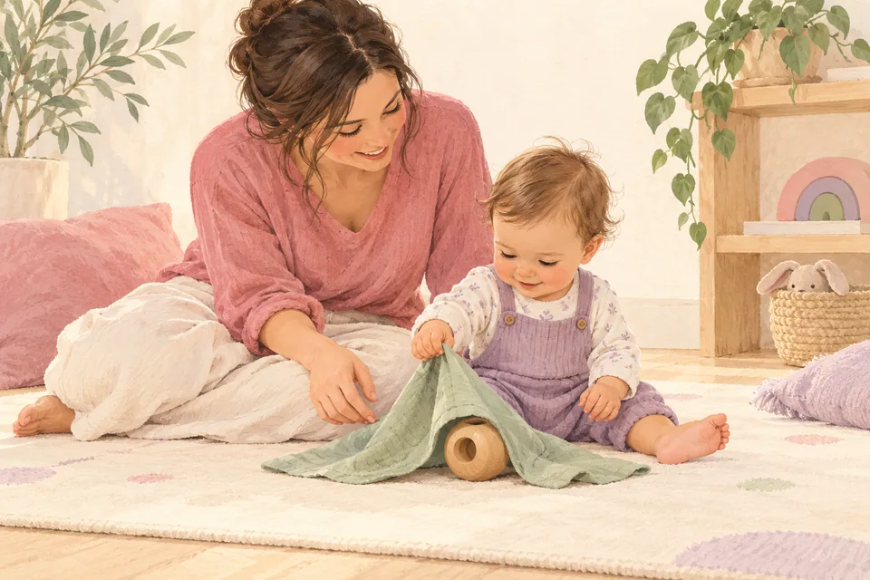Bezle kısmen örtülmüş oyuncağını bulan bebek